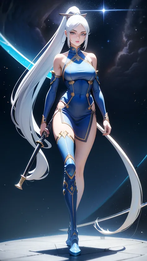 1 girl, ultra long hair, ultra detailed face, glowing lips, glowing blue eyes, very long ponytail, elegant walk, catwalk, holding down a  giant katana, blonde, long eyelashes, long boots , looking to the sky, starry sky, a ultra giant katana, 3d render sty...