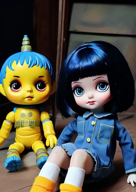 70s dark fantasy art, Coraline style, a Coraline doll lying on the floor, This rag doll has short blue hair, black button eyes, yellow cover, yellow boots and colorful socks, Horror Movie