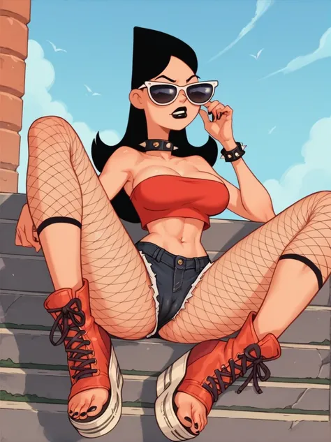 Candace, short shorts, red strapless crop-top, legs, barefoot, sunglasses, cameltoe, extra large breasts, sideboobs, open-toed platform boots, spiked collar, fishnet leggings, spiked bracelets, black lipstick, black hair