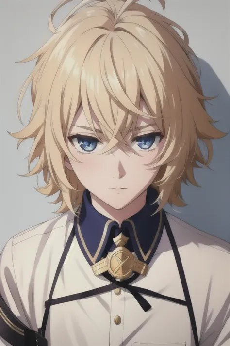 masterpiece, best quality, highres, high quality, 1boy, solo, male focus, looking at viewer, upper body,  hair, realistic, mikaela, blonde,blue eyes,medium hair,messy hair