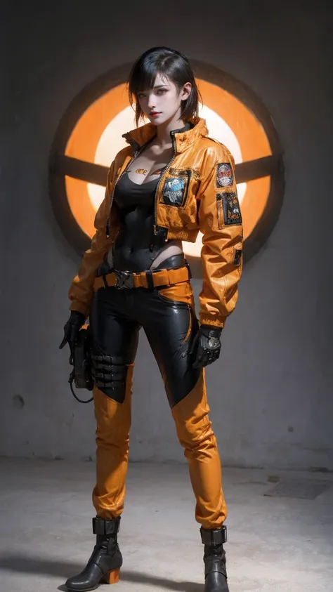 1girl,solo,(realistic:1.2),cyberpunk, cyborg, halloween,  jack-o-lantern, mechanical_arms, orange_jacket, orange_pants, orange_shirt, pumpkin, science_fiction, simple_background, gloves, standing, jacket, cowboy_shot, urban techwear, outfit