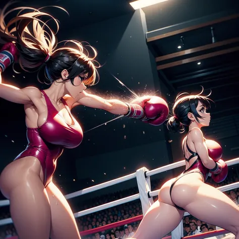 NSFW ,Side View , Fullbody shot , Female boxing Face to face, Wear leotard , So huge breasts.