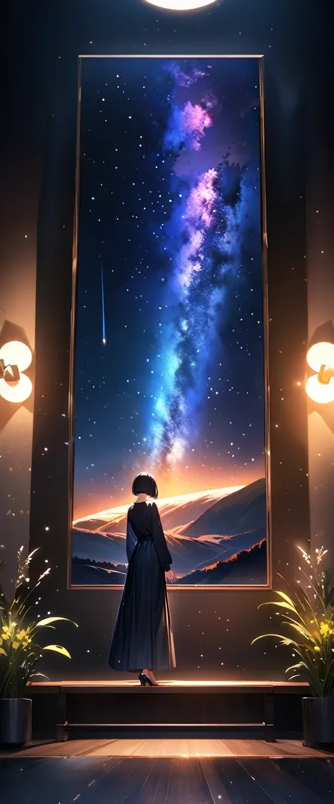 (((A meteor shower dancing in the night sky, countless stars twinkling in the clear air, a beautiful starry sky, the Milky Way shining beautifully in the night))), grass field, a girl, bobcut, (best quality, 4K, 8K, highres, masterpiece:1.2, ultra-detailed...