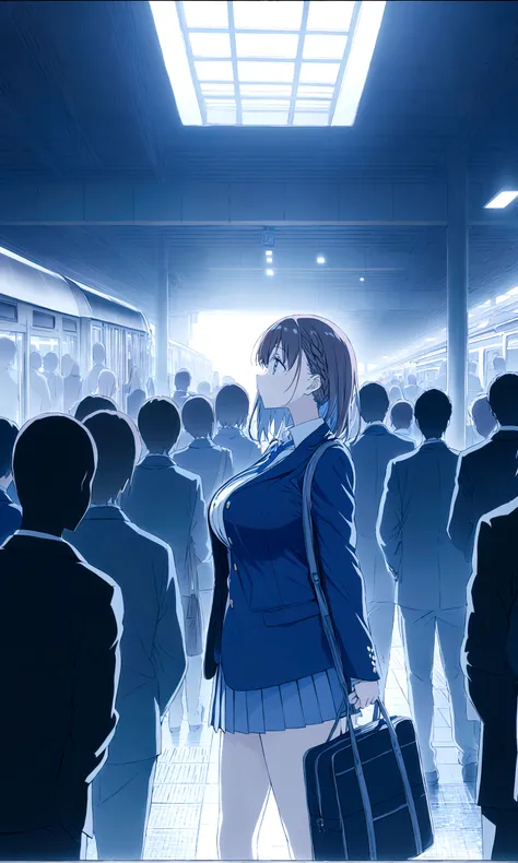 tawawa on monday,ai-chan,big breasts,blue blazer,high school girl,temptations,whole body,station,crowd,silhouette,finely detaile...