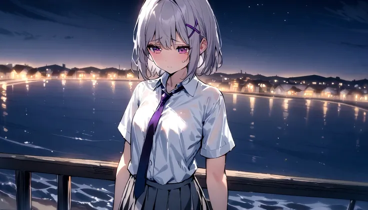 short hair, (Gray Hair:1.2), X Hair Ornament, Purple eyes,tie, girl,One person, Collared shirt, White shirt, Short sleeve, Pleated skirt, student, Highest quality, masterpiece, High resolution, summer,night、the way、City、Sadness、