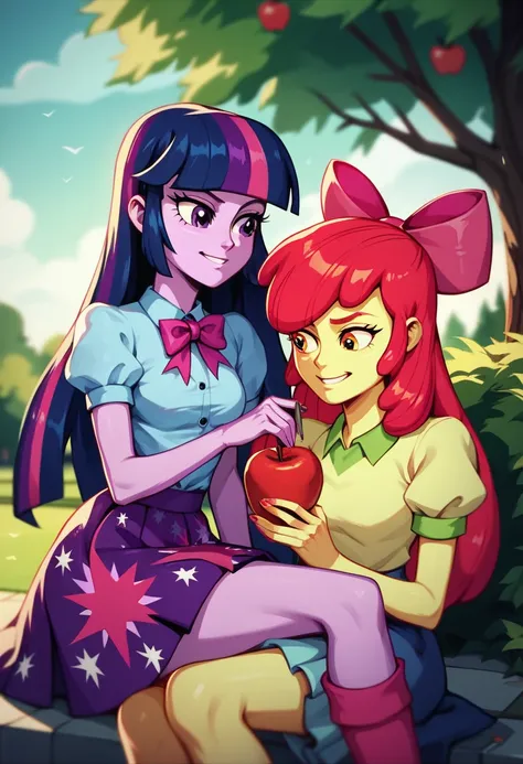 Twilight Sparkle is facesing on Apple Bloom While theyre both naked, Twilight Sparkle and Apple Bloom Equestria Girls, two girls, at the park, Twilight Sparkle and Apple Bloom, cuerpo completo, high resolusion