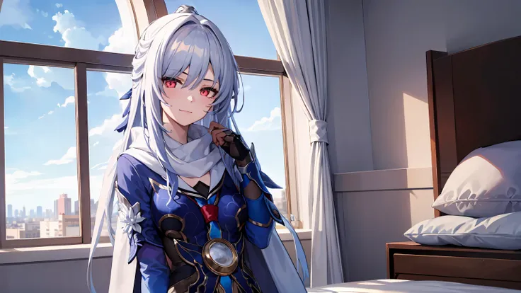 masterpiece, best quality, JingliuV5, 1girl, solo, looking at viewer, red eyes, gloves, dress, white scarf, scarf on neck, sailor collar, white cape, sitting on bed, indoors, bedroom, windows, blue sky, warm smile, upper body. closed mouth,