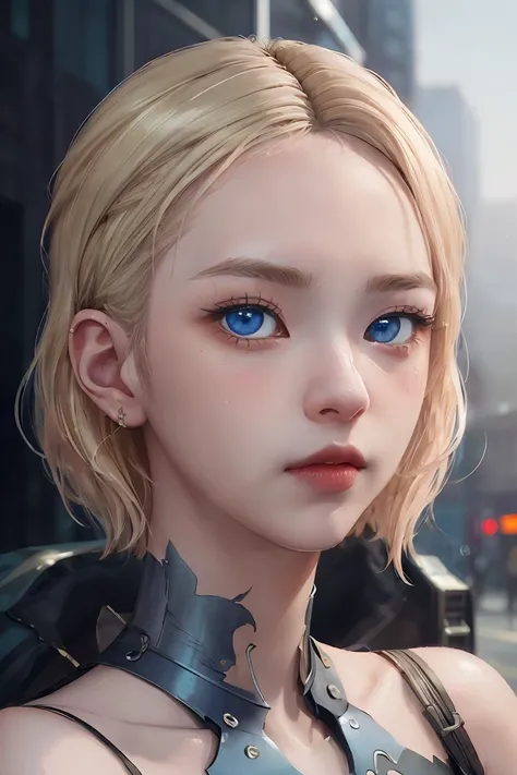 ((masterpiece)), (cinematic lighting), a close-up, beautiful stylized illustration of gwen_stacy, with a sidecut, asymetrical blonde hair, with incredibly detailed blue eyes and a beautiful detailed face, with parted lips, the side of her head shaved, bare...