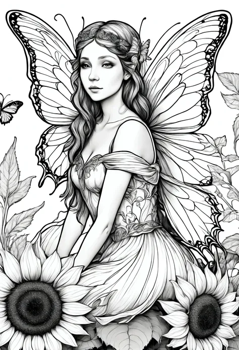 a delicate fairy with butterfly wings resting on a giant sunflower, clean line art, white background, colouring page, clean outl...