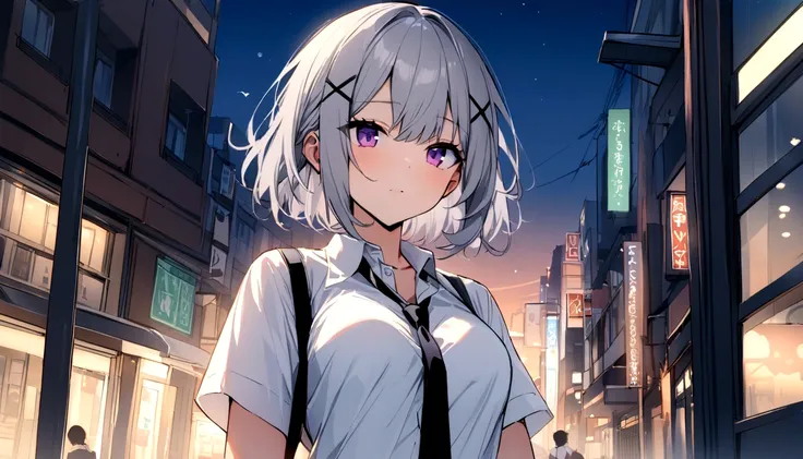 short hair, (Gray Hair:1.2), X Hair Ornament, Purple eyes,tie, girl,One person, Collared shirt, White shirt, Short sleeve, Pleated skirt, student, Highest quality, masterpiece, High resolution, summer,night、the way、City、