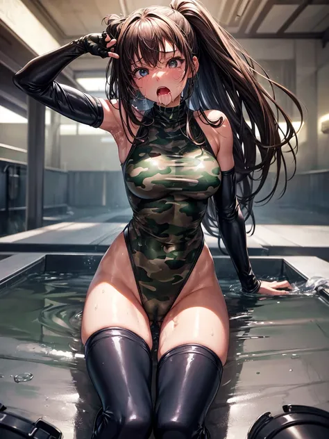 Highest quality,Highest Resolution,Beautiful girl in camouflage leotard,half boots,High leg,whole body,front,Armory,Crying face,Tears,Sweating profusely,(((Open your mouth and drool))),Very beautiful eyes,(((Drink water))),indoor,