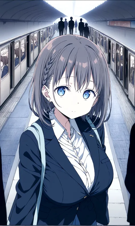 Tawawa on Monday,Ai-chan,Big Breasts,Blue Blazer,high school girl,shyness,whole body,station,crowd,silhouette,finely detailed beautiful face,high quality,anime,beautiful,High resolution,anime color,{{{{8K_wallpaper}}}},{{{masterpiece}}},{{{{extremely detai...