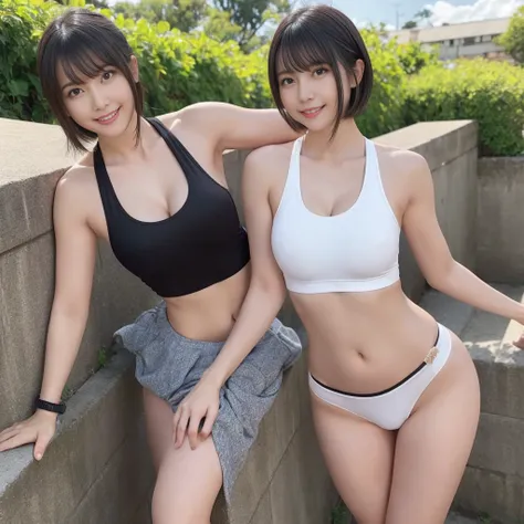 （Track and Field Costumes、High leg、White tank top、belly button、Ass、Black Hair、Big Ass、Country parks、Outdoor、Thong）、Extremely sexy、Glamorous Body、smile、Professional Lighting、Short Bob、Small waist、Beautiful adult woman、Captivating thighs、Very large breasts、C...