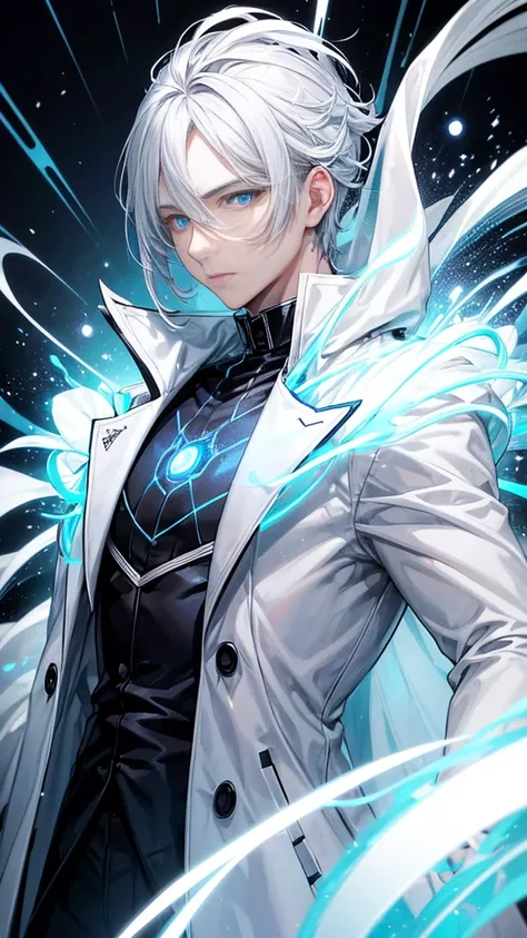 A man ,small blue glowing eyes,white eyelashes, white stylish hair, he is wearing a black coat , his skintone is light,((Saturo Gojo))