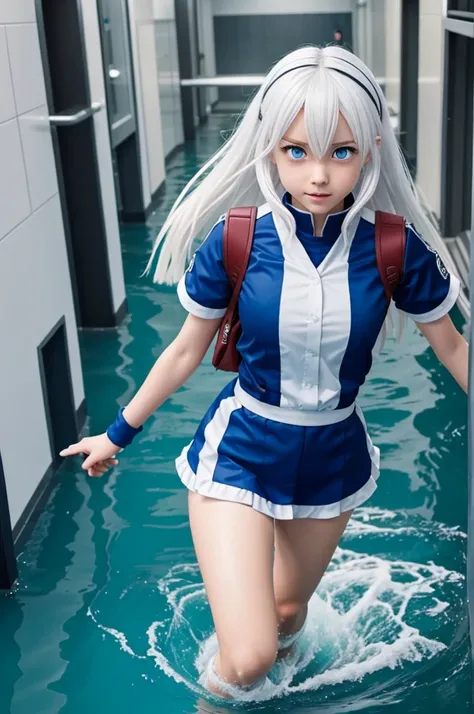 A screenshot of My Hero Academia that shows a girl with white skin and her hair is white and half black, she has blue eyes and she has the UA uniform, a manga girl who is walking through the water corridors and has a serious expression Ar