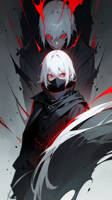 A dark, eerie scene featuring a character with white hair and red glowing eyes. The character is wearing a black outfit with a high collar, and a black mask covering the lower half of their face. The background is dimly lit, adding to the mysterious and om...