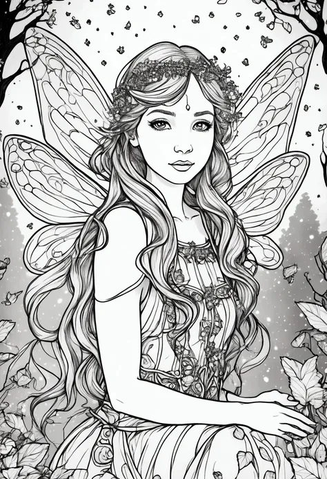 a magical fairy surrounded by glowing fireflies in a moonlit forest, clean line art, white background, colouring page, clean out...