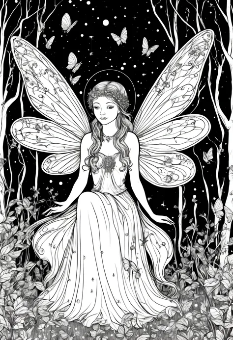 a magical fairy surrounded by glowing fireflies in a moonlit forest, clean line art, white background, colouring page, clean out...