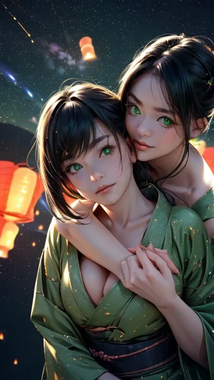 nsfw, Masterpiece, top quality, highly detailed, (Photorealistic style:1.4), Chiaroscuro style, backlighting, 2 girls, A lesbian couple in yukata, (Hug from behind, and put hand on bust, bust shot:1.6), looking at the camera with a smile, (A close-up of th...