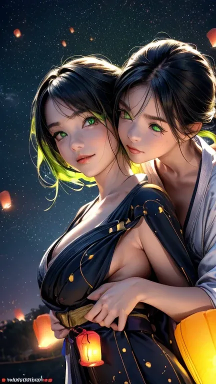 nsfw, Masterpiece, top quality, highly detailed, (Photorealistic style:1.4), Chiaroscuro style, backlighting, 2 girls, A lesbian couple in yukata, (Hug from behind, and put hand on bust, bust shot:1.6), looking at the camera with a smile, (A close-up of th...