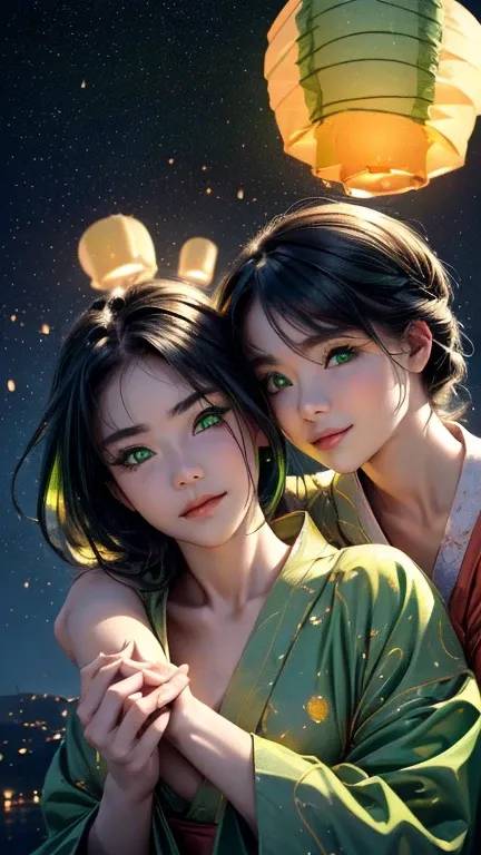 nsfw, Masterpiece, top quality, highly detailed, (Photorealistic style:1.4), Chiaroscuro style, backlighting, 2 girls, A lesbian couple in yukata, (Hug from behind, and put hand on bust, bust shot:1.6), looking at the camera with a smile, (A close-up of th...