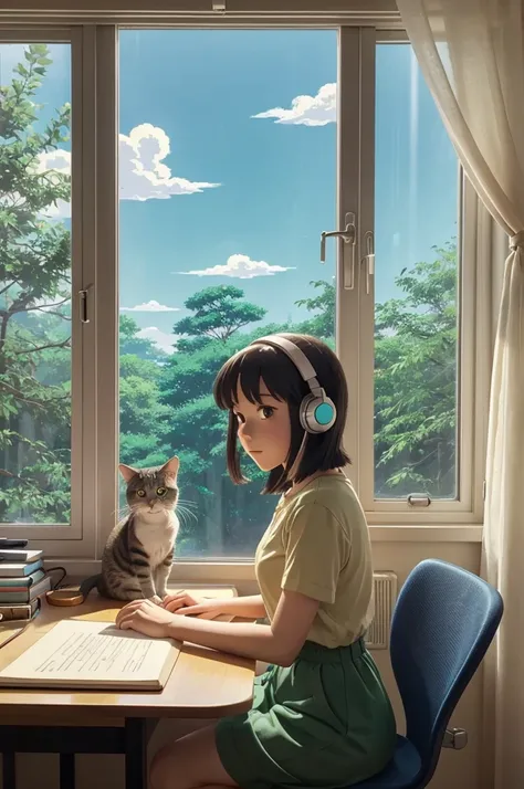 a girl with headphones sitting at a desk in front of a window with a cat, lofi hip hop, lofi girl, lofi girl aesthetic, lofi, lofi artstyle, lofi feel, lofi aesthetic, lofi art, lofi vibe, lofi vibes, lo-fi art, lo - fi, lo-fi, lofi technology, in the stud...