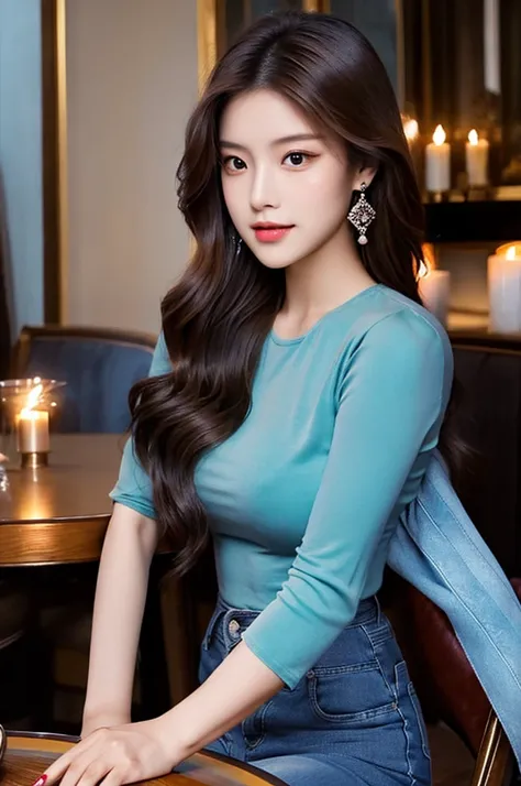 Generate an image of a breathtaking 20-year-old Asian woman whose beauty is comparable to a goddess of the fire element. She has large brown eyes, dark brown hair, radiant skin, and an appealing look. Dressed in a stunning top and blue skinny jeans, she is...