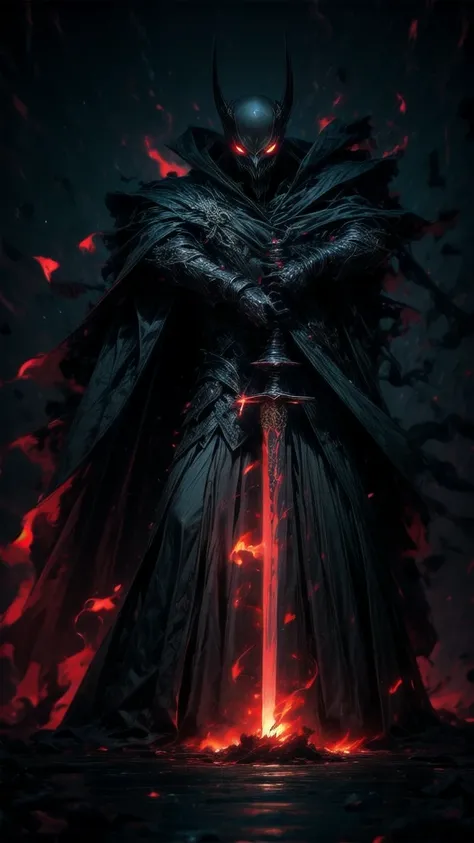 A dark and ominous creature, a god of death with a black crown, red glowing eyes, dynamic point of view, a fantasy character with a large torn black cape, wearing black and torn clothes, holding a magic sword with a blue and green aura around it, magical e...