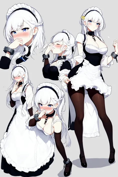 Anime. Azur Lane. 1 girl. Belfast. Housemaid. Slave. Slave collar. Shackles. Maid uniform. Cold. Runny nose. Nasal mucus. Snot. Sneezing. Heat. Heat. Fever. Sneeze. Sneeze standing. Sneeze snot. Snot flows from the nose. Itchy nose. Wants to fix it. I have...