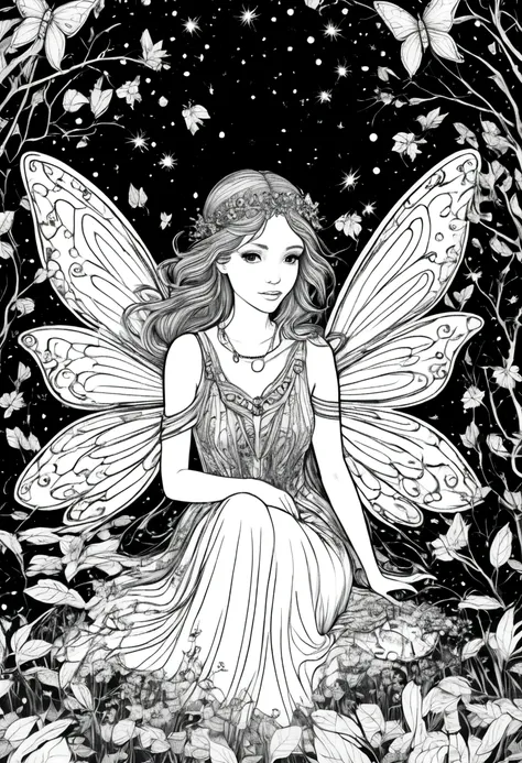 (a black and white coloring book:1.5), a magical fairy surrounded by glowing fireflies in a moonlit forest, clean line art, whit...