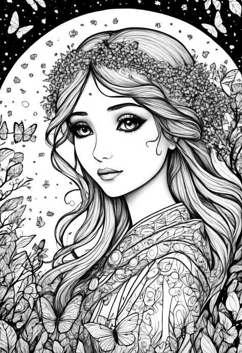 (a black and white coloring book:1.5), a magical fairy surrounded by glowing fireflies in a moonlit forest, clean line art, whit...