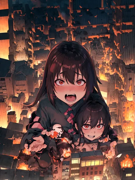 Aerial view of Little Tokyo、Tokyo Tower、mega size giantess、Trying to stomp、Anime illustration、Horror illustration、Panic Illustration、Hentai Illustration、grotesque illustration、business suit、giantess、Giantess、Gloomy Weather、creepy and scary face、Laughing wi...