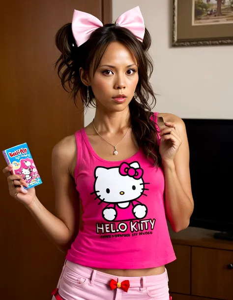 A cute woman (Lexa Doig (age 25), pink short shorts, pink Hello Kitty tank top, pink bows in hair) has come over to babysit, book bag, cell phone, living room, bored look chewing bubble gum
