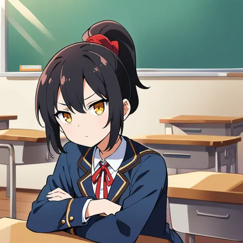 (Highest quality、masterpiece、High resolution、detailed)1 Girl、(Black Hair、ponytail:1.2)、(high school student、uniform)、(Have arms crossed:1.3)、Brave look、School classroom、Anime style、Flat Style、(Shining Eyes、Beautiful Face)