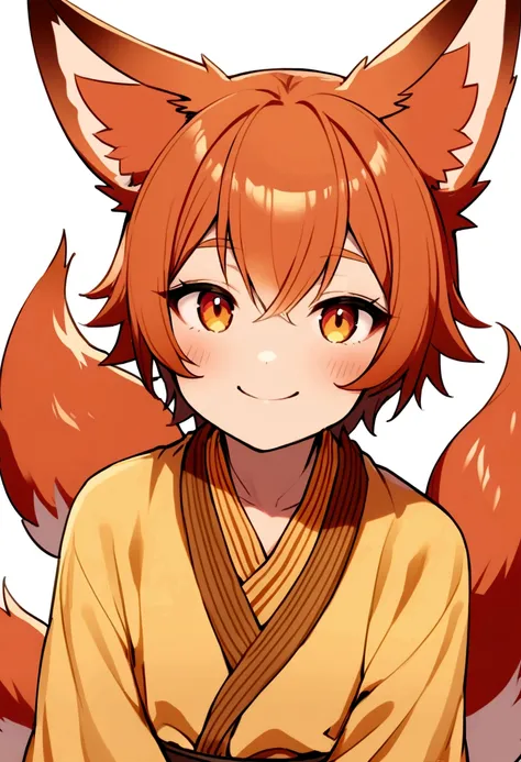 A Foxboy With Light Skin And cinnamon Colored Fox Ears, Hair and Tail with a gentle smile on his face