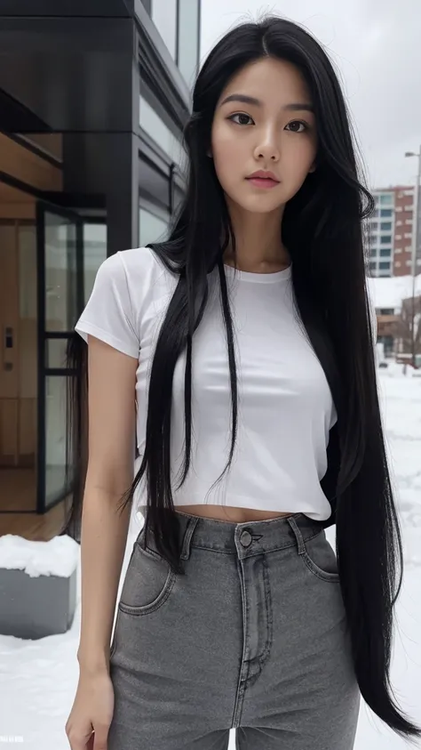 Female1, face, smooth long black hair、(black long hair:1.8), tan skin, tight skirt, Huge clouds, I can see a little panties, big, Pabu gloss, 8 thousand, Hand details, Details, detailed eyes, perfect body, Voluminous body, Sexy Snowboard Uniform, Dolphin p...