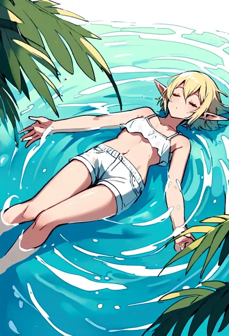 Elf man floating in water wearing only simple shorts,blonde elf man,Short Hair,Beautiful Water,Floating,relax