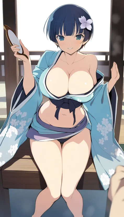 masterpiece, best quality, 
yozakura (senran kagura), 1girl, breasts, solo, 
short hair, blue hair, flower, blue eyes, large breasts, hair ornament, 
japanese clothes, hair flower, navel, midriff, bare legs, cleavage, emblem, smile, 
pov, 