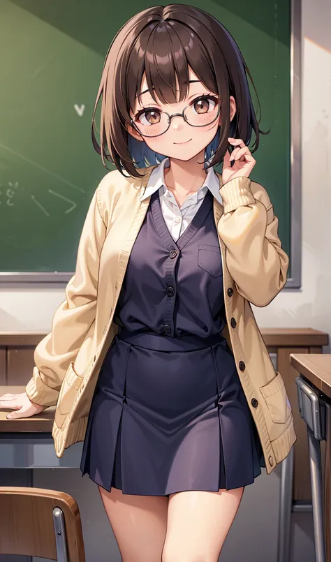 (One girl)、smile、Glasses、turn around、teacher、Cream colored cardigan、Navy blue tight skirt、Classroom Dark Brown Short Hair、Dark brown eyes