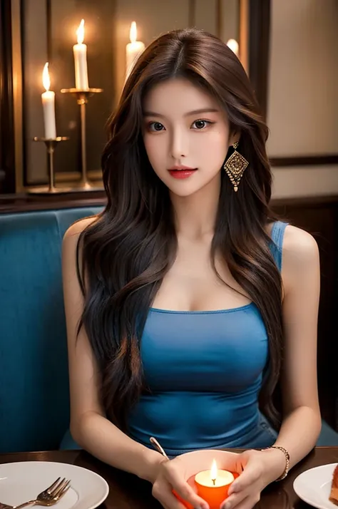 Generate an image of a breathtaking 20-year-old Asian woman whose beauty is comparable to a goddess of the fire element. She has large brown eyes, dark brown hair, radiant skin, and an appealing look. Dressed in a stunning top and blue skinny jeans, she is...