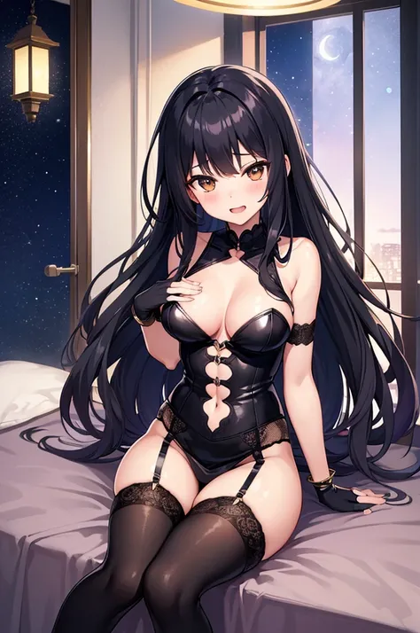 ((Highest quality)),((Anime illustration)) ,【One girl,One boy(men and women)】,Moonlit Night、In a hotel bed,Beautiful night view, 【Browsing Caution】【One boy】【penis】,((Black-haired Cleopatra)),(Good elevator),Beautiful black lingerie,(Mini tight skirt),((Gor...