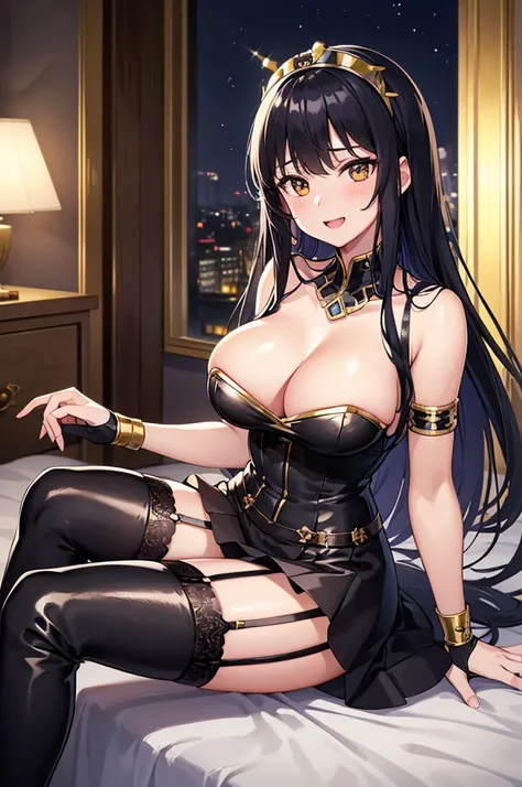 ((Highest quality)),((Anime illustration)) ,【One girl,One boy(men and women)】,Moonlit Night、In a hotel bed,Beautiful night view, 【Browsing Caution】【One boy】【penis】,((Black-haired Cleopatra)),(Good elevator),Beautiful black lingerie,(Mini tight skirt),((Gor...