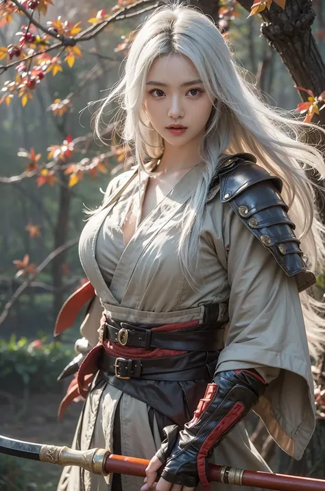 Beautiful Japanese Waifu, early 30s, white hair, fantasy warrior costume, sward in left hand