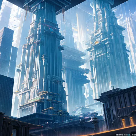 A huge fantastical sci-fi city, aether city, floating aerial metropolis,Skyscrapers、Huge construction，Super huge waterfall，Super huge temple，Super huge torii，mysterious，Fantasy， towering skyscrapers, massive waterfall, celestial planets in the sky, surroun...