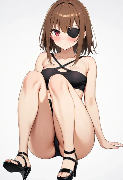 16k works,Highest quality,18-year-old,No background.White background only,whole body、sexy, One person, Beautiful Face,, Symmetrical eyes, Perfect body, Good balance、 Perfect body、Blushed, Red eyes, Brown Hair, Eye patch, Heel, panties、sit