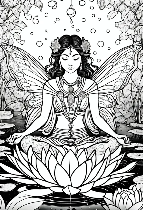 (A black and white coloring book:1.5), A serene fairy meditating on a lotus flower in a tranquil pond, clean line art, white background, colouring page, clean outline