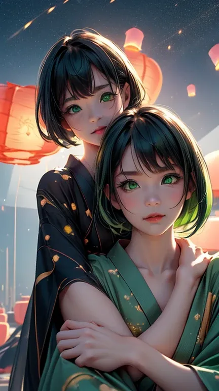 nsfw, Masterpiece, top quality, highly detailed, (Photorealistic style:1.4), Chiaroscuro style, backlighting, 2 girls, A lesbian couple in yukata, (Hug from behind, and put hand on lips, bust shot:1.6), looking at the camera with a smile, (A close-up of th...