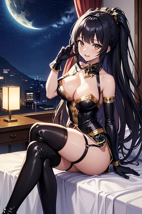 ((Highest quality)),((Anime illustration)) ,【One girl,One boy(men and women)】,Moonlit Night、In a hotel bed,Beautiful night view, 【Browsing Caution】【One boy】【penis】,((Black-haired Cleopatra)),(Good elevator),Beautiful black lingerie,(Mini tight skirt),((Gor...