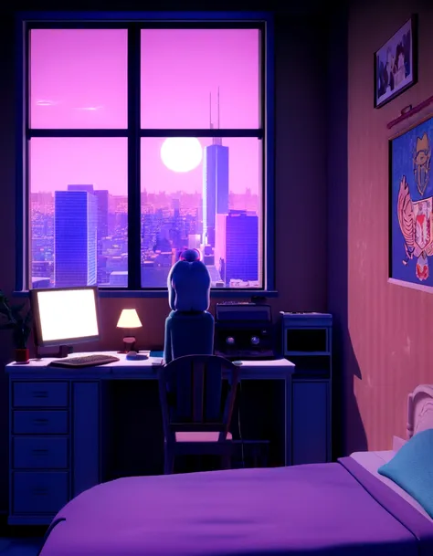 3D animation movie still from a comfortable room, Large windows offer views of the city at night., Moon with coat of arms, melancholic, Atmosphere of sadness, There is no bed making service., Computer Desk, Cluttered furniture, Otaku style poster on the wa...