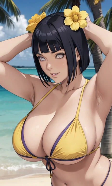 standing, solo, hinata(boruto), 1girl, mature female, (yellow bikini and penty), yellow flowers on her head, no shirt, showing off), sideboob, large breasts, areola slip, cleavage, leaning forward, hanging breasts, curvy, hands up, arms up, looking at view...